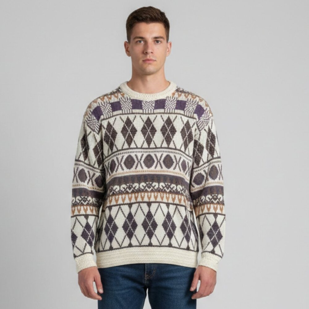 Etchings Medium Cream Purple Crochet Trim Pullover Y2K 90s Grandpa Sweater EUC